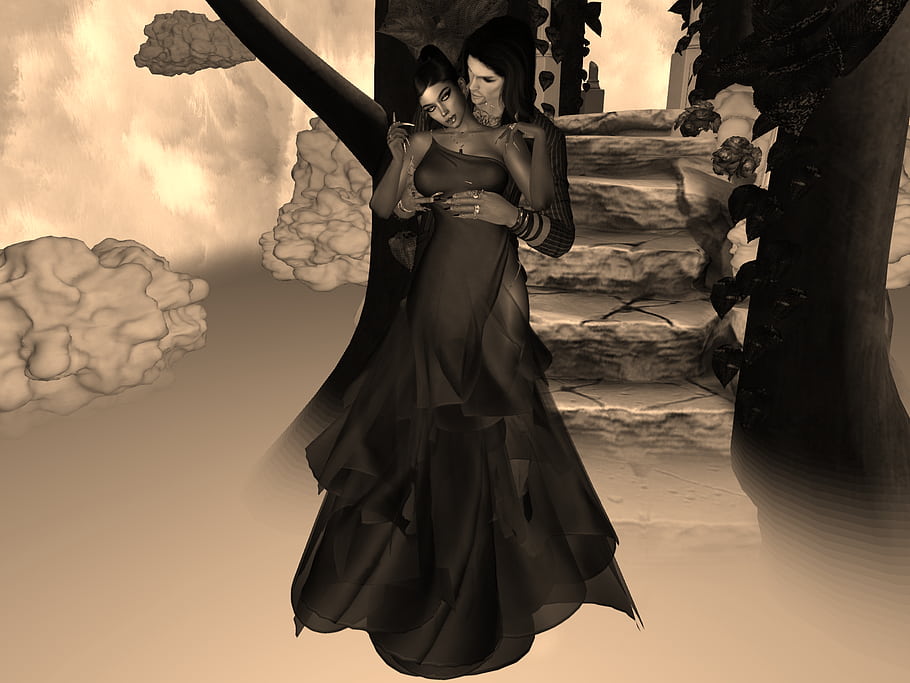 love, always, Firestorm, secondlife, fantasy, characters, dress, clouds, sepia, art, digital