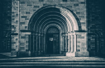 kostel, architektura, vchod, kamenné zdi, kamenné práce, zdivo, portál, historický, oblouk, dveře kostela, budova