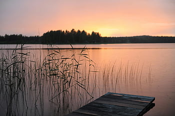 západ slunce, jezero, dřevěné molo, rákosí, klid, krásu přírody, Mírový výhled, zelená tráva, tělo z vody, přírodní scenérie, klidná krajina