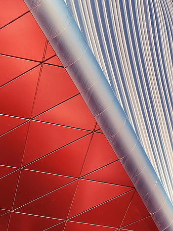 geometriai minták, mennyezeti kialakítás, modern építészet, élénk színek, geometriai formák, közeli nézet, építészeti mennyezet, Piros háromszögek, Kék csíkok, absztrakt design, Kortárs művészet