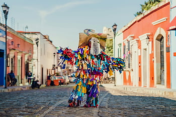 Mexican folk costume, traditional Mexican costume, Oaxaca Mexico, vibrant costume, Mexican folklore, Mexican culture, cobbled street, colorful costume, cultural attire, street scene, traditional attire