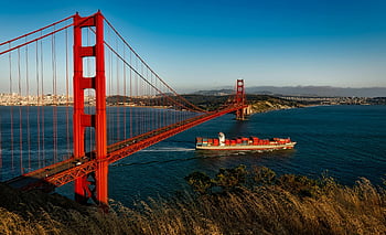 Golden Gate Bridge, San Francisco Bay, cargo ship, sunset, California, bridge, water, landscape, architecture, transportation, nature