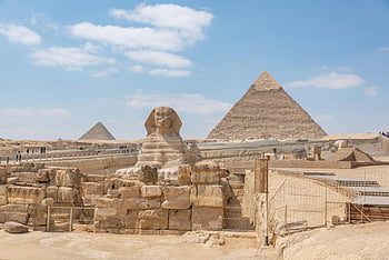 pyramidy, Sfinga socha, poušť, velká sfinga, pyramidy v Gíze, Egypt, jasné modré nebe, Ikonický pohled, starobylé památky, historické místo, cíl cesty