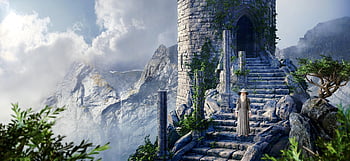 fantasia, montagne, uomo, vecchio, le scale, Torre, nuvole, luce, Paradiso, paesaggio, mistico