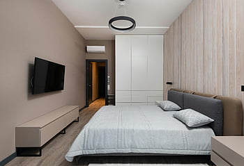 modern bedroom, minimalist furniture, wooden parquet, neutral tones, stylish design, contemporary interior, simple decor, clean lines, cozy space, modern living, bedroom design