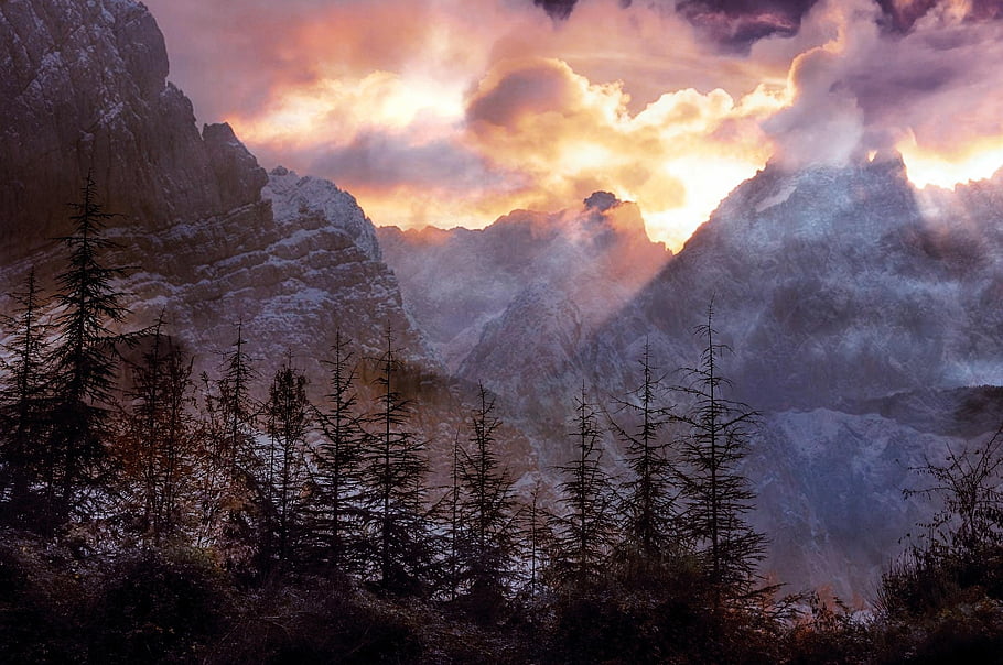 landscape, nature, sunset, mountain, cloud, tree, dolomite