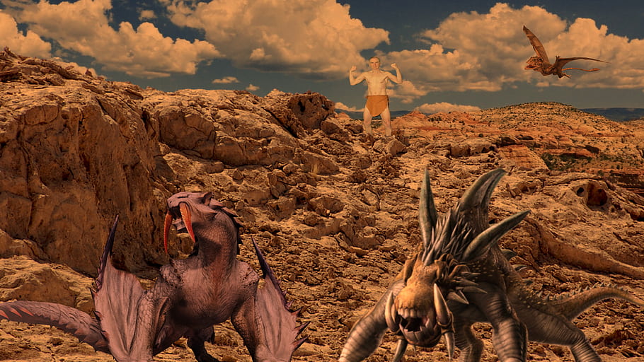 Tarzan, dinosaurs, rocks, fantasy, monsters, portrait, fan art, art, prehistoric, landscape, sky
