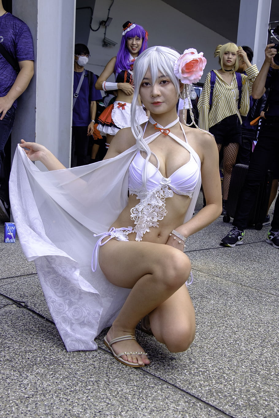 cosplay, white outfit, flower accessory, group, event, FF36, DSCF9282, posing, costume, people, background