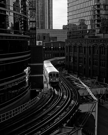 Chicago, Metro Train, Black and White, elevated train, downtown area, monochrome shot, cityscape, urban scene, train tracks, skyscrapers, architecture