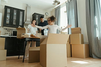 family, unpacking, boxes, new home, joy, excitement, closeness, moving day, cardboard boxes, living room, kitchen