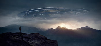 공상, 경치, 우주선, ufo, 공중 선회, 비행 물체, 빛, 구름, 사람, 실루엣, 산들