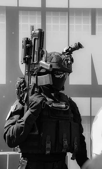 soldato, pistola, bianco e nero, equipaggiamento tattico, arma, Jandarma, militare, forze armate, uniforme da combattimento, monocromatico, soldato armato