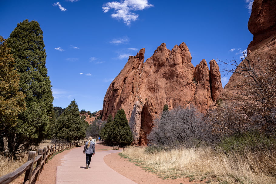 woman, hiking, landscape, red, rocks, nature, dry, formation, canyon, scenic, southwest