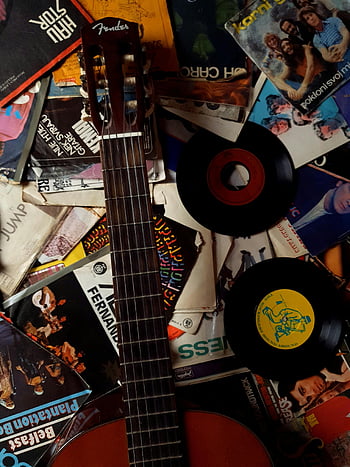 vinyl records, guitar, classic music, nostalgic flat lay, vinyl disks, music vibes, acoustic guitar, record collection, retro music, flat lay photography, vintage records