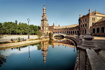 city, cityscape, architecture, building, travel, nikon, seville, spain, reflection, pond, palace