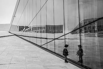 child, building, outside, little Girl, reflection, glass Outer Side, opera House, oslo, norway, scandinavia, black-white