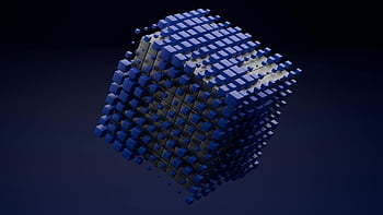 3D kostka, abstraktní struktura, modré bloky, tmavé pozadí, plovoucí kostka, 3D umění, geometrický design, digitální umění, moderní umění, abstraktní sochařství, 3D modelování