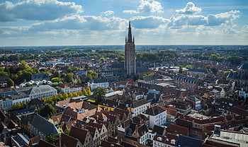 Bruges, aerial view, Church of Our Lady, Gothic cathedral, medieval architecture, red roofed buildings, cityscape, aged buildings, European city, historic town, Belgium