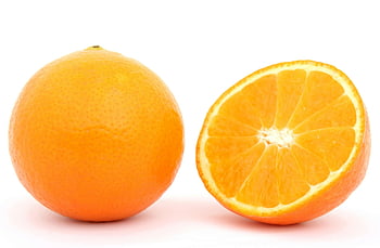 fruta laranja, fechar-se, laranja inteira, Metade fatiada, fundo branco, frescura, cítrico, fatia de laranja, suco de laranja, comida saudável, vitamina C