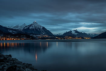 mountains, lake, night, alps, switzerland, alpine, snow, nature, landscape, winter, bergsee