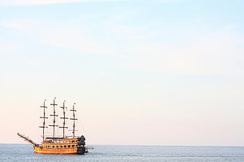 pirátská loď, plachtění, klidné vody, západ slunce, alanya, krocan, majestátní loď, moře, oceán, cestovat, cestovní ruch