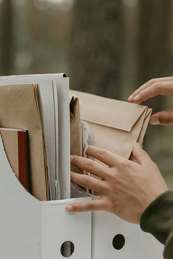 hands, folders, documents, file box, organizing, close-up, outdoors, sorting, paper, envelope, organization