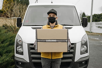 leverantör, ansiktsmask, fraktlåda, paket, skåpbil, utomhus, leveransservice, kurir, paketleverans, van leverans, leveransperson