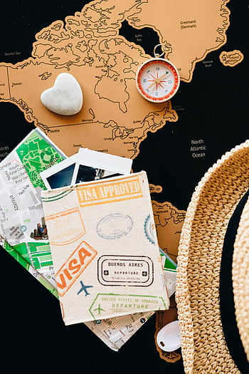 passaporto, bussola, mappe, Pianificazione dell'avventura, mappa del mondo, viaggio, Visa, destinazione, esplorazione, cappello di paglia, fotografie