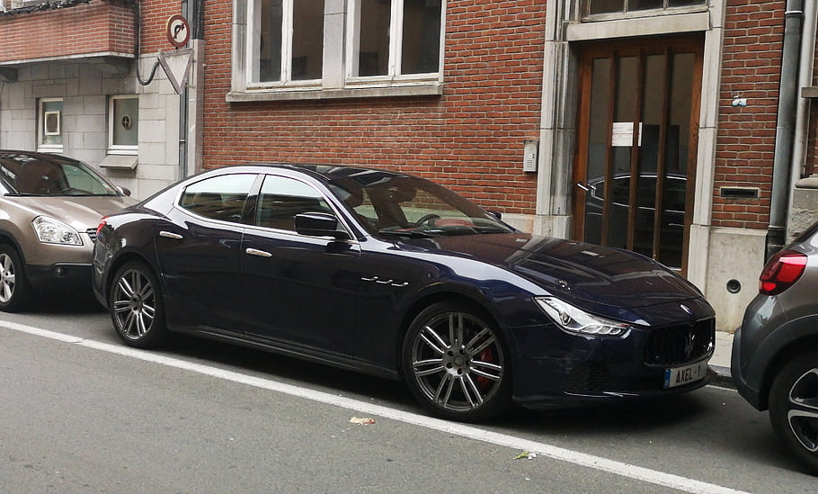 maserati, ghibli, auto, Dinant, luxus, vozidlo, ulice, zaparkováno, modrý, sedan, Oleznice