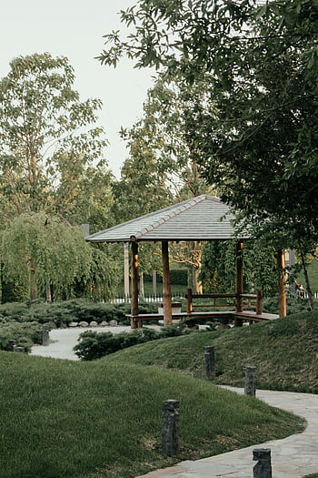 gazebo, park, Krasnodar, Russia, wooden gazebo, lush greenery, tranquil scene, outdoor setting, park pathway, natural landscape, serene environment