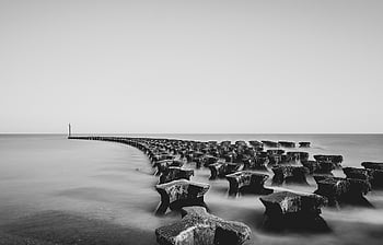 sea, ocean, beach Defence, beach, water, seascape, long Exposure, nature, black And White, felixstowe, suffolk