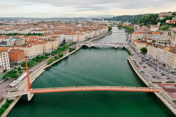 letecký pohled, Palais de Justice Footbridge, Řeka Saone, lyon, Francie, pohled, Kultovní mosty, panoráma města, výhled na řeku, městské krajiny, letecké snímkování