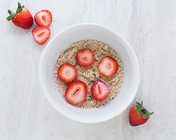 strawberry, table top, white ceramic bowl, fresh breakfast, nutritious breakfast, oats, sliced strawberries, healthy meal, breakfast bowl, fruit topping, oatmeal