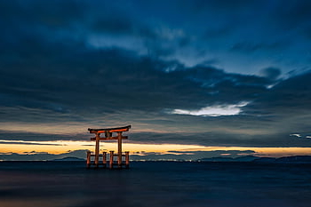 torii, jezero, soumrak, svítání, před úsvitem, scénický, japonská brána, Svatyně Shirahige, šintó svatyně, jezero biwa, Příroda