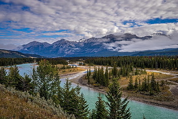 jasper National Park, river, mountains, trees, forest, clouds, mountain Range, scenery, scenic, nature, west Canada