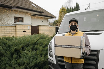 leverantör, kartong låda, kurir, Bär mask, paketleverans, utomhus, skåpbil, bostadsområde, leveransservice, skyddande mask, handskar
