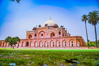 Humayun's Tomb, UNESCO World Heritage Site, New Delhi, India, blue sky, stunning view, historical architecture, Mughal architecture, green lawn, palm trees, domed structure
