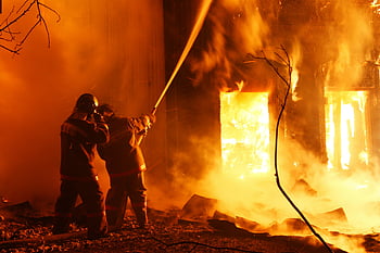 firefighters, spraying water, fire, night, combat, raging fire, flames, control, emergency response, fire scene, rescue operation