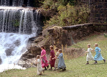 school field trip, Mennonite school, Seneca Mills Falls, New York, girls, throwing rocks, water, teacher, outdoor, nature, waterfall