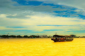 Boat, Yellow River, Cái Bè, Vietnam, Traditional boat, vibrant yellow waters, river scene, outdoor scenery, water transportation, cultural heritage, travel destination