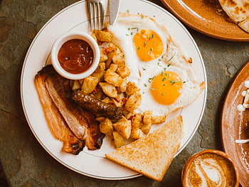 fried food, white round plate, breakfast plate, sunny side up eggs, bacon, toast, potato hash, breakfast, delicious meal, morning food, hearty breakfast