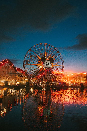 Ferris Wheel, Disney California Adventure, Mickey Mouse, night view, Disneyland, Anaheim, water reflection, amusement park, nighttime, lights, attractions