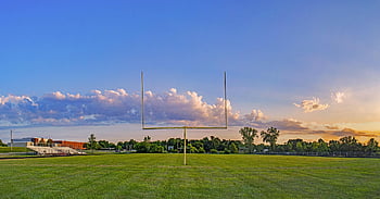 fotbalová branka, branková tyč, polní cíl, Fotbal, fotbalové hřiště, americký fotbal, pole snů, mraky, horizont, západ slunce, nebe