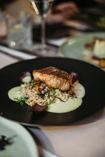 bistecca di pesce, cereale, salsa cremosa, piatto gourmet, Elegante ristorante, cereali, splendidamente presentato, esperienza culinaria, cucina raffinata, fotografia di cibo, Presentazione della piastra