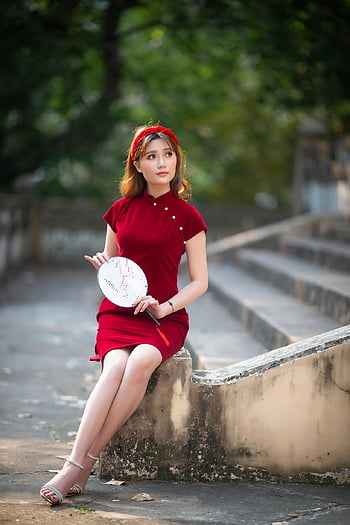 유행, Cheongsam, 여자, 손 부채, 베트남 사람, 아시아 사람, 빨간 치파오, 드레스, 아름다움, 아름다운, 예쁜