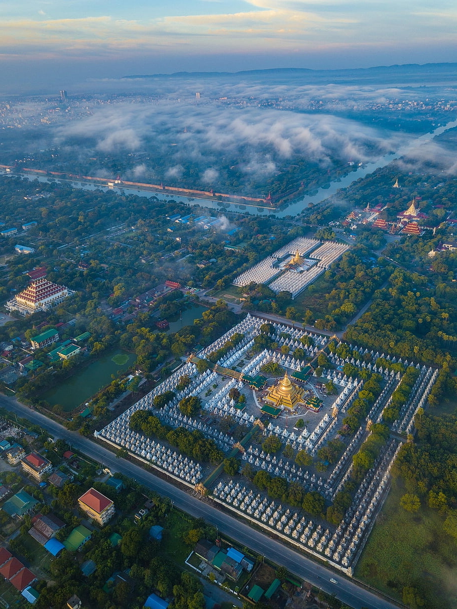město, pagoda, chrám, mezník, turistická atrakce, historický, letecký pohled, scenérie, buddhistická stúpa, Pagoda Sanda Muni, mandalay