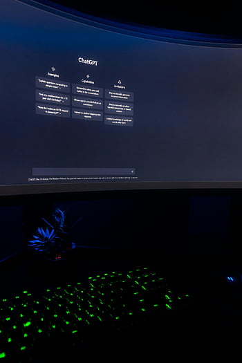 ChatGPT, monitor, dark ambient, illuminated keyboard, interface, screen, setup, technology, AI, computer, workspace