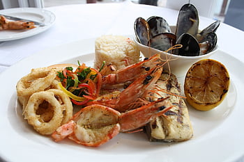 frutti di mare, piatto, mangiare, ristorante, pasto, gamberi, calamari, cozze