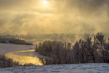 yenisei, Příroda, Krasnojarsk, siberia, řeka, mlha, mráz, zimní, ráno, mraky, odraz