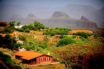 gran Canaria, nature, landscape, vacations, spain, mountains, houses, architecture, light, trees, sunbeams